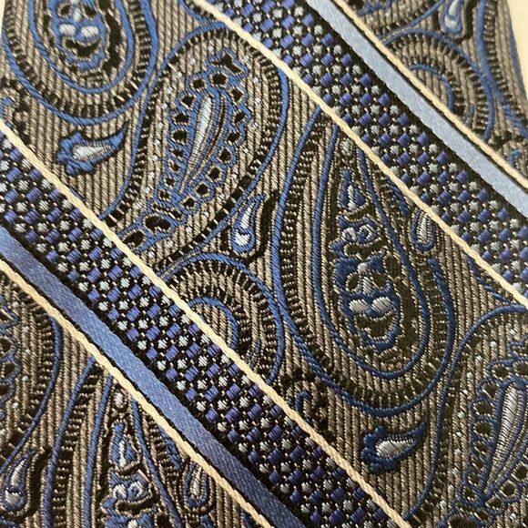 ProntoUomo platinum Mens wearhouse gray baby blue black paisley stripe Xlong - Picture 3 of 7